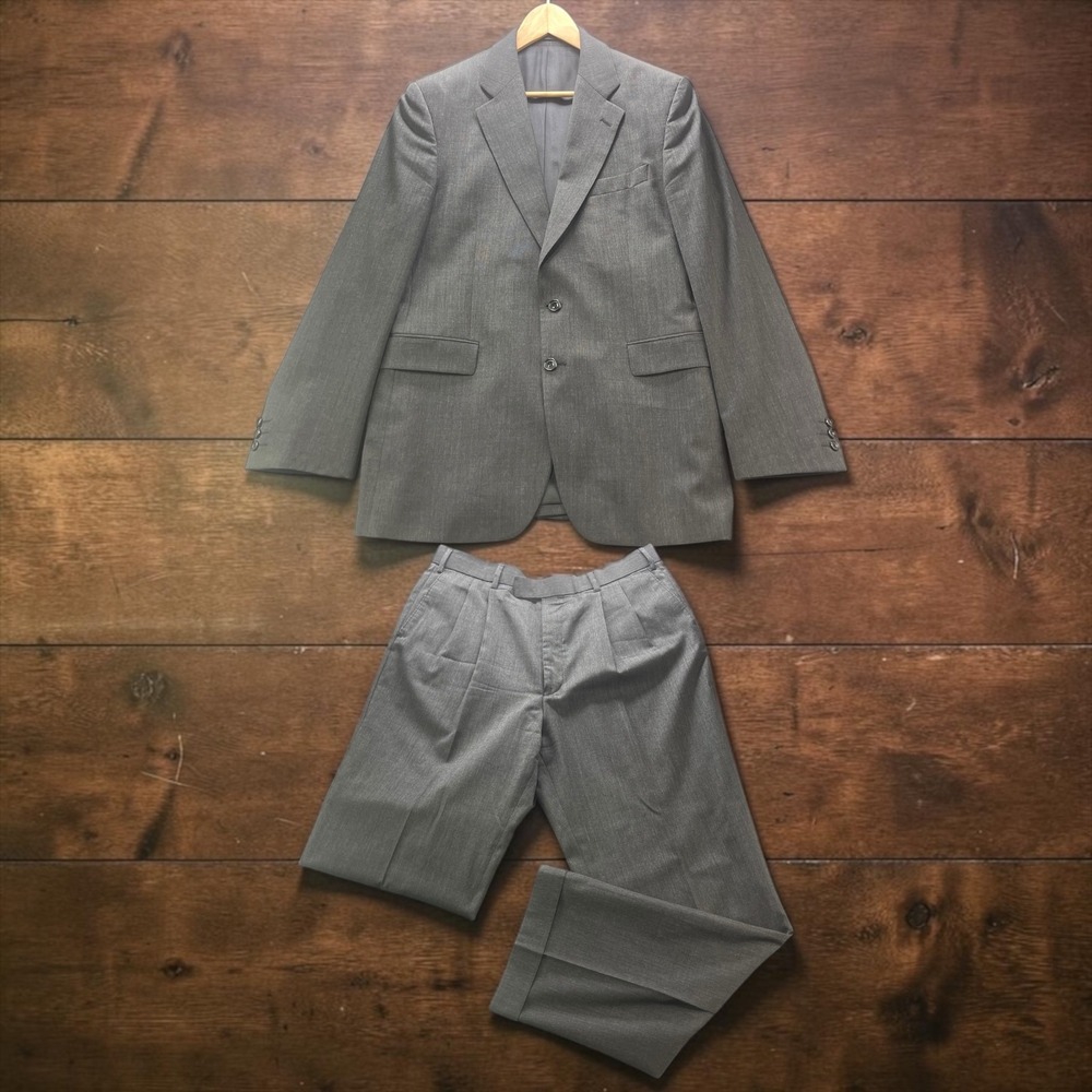Alexandre London Savile Row Grey Textured Wool Suit 42L Pleated Cuffed W34xL32